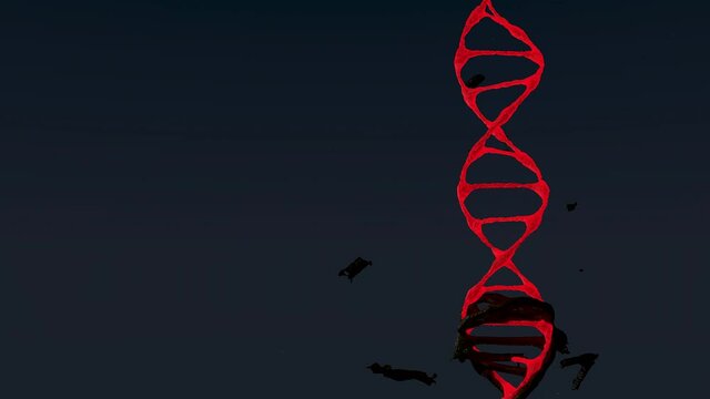 a red neon dna molecule rotates on a background of the starry sky