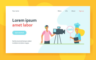 Healthy food blogger taking video workshop. Camera man making reportage, chef choosing GMO free meal. Flat vector illustration. Cooking blog concept for banner, website design or landing web page