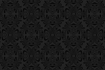 3D volumetric convex embossed geometric black background. Ethnic pattern in the style of doodling, Mexican motifs.
Decorative national ornament for wallpaper, website, textile, presentation.