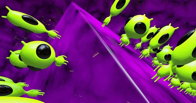 Minimal 3d art. Aliens cartoon animation in abstract purple geometry space. Trendy  design 4k video.