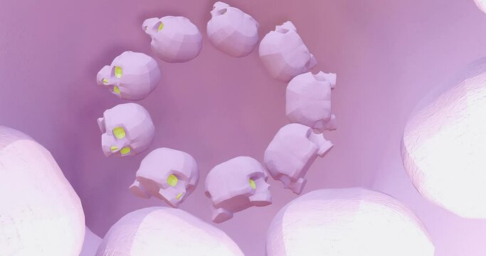 Minimal 3d art. Pink Skull animated in abstract geometry space. Trendy loop motion camera shake design 4k video.
