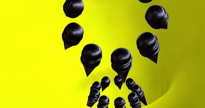 Minimal 3d art. Black ice cream corn animated in abstract yellow space. Trendy colours loop motion design 4k video.
