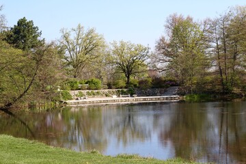 The calm view of the pond in the park.