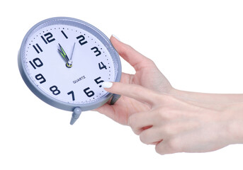 Table clock alarm clock in hand on white background isolation