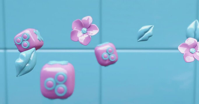 Minimal motion 3d art. Flowers, lips, cube in blue abstract space. Trendy colours mix. Loop motion design 4k video.

