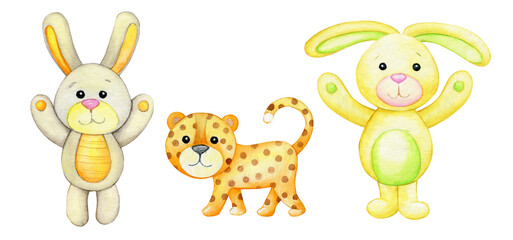 Obraz na płótnie Canvas Leopard, bunny, rabbit. Watercolor set of animals, in cartoon style on an isolated background.