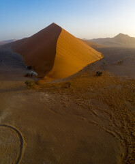 Aerial view of a dune in namibia around sossusvlei national park.