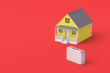 Metal suitcase near house. Registration of documents at home. Investing in construction. Real estate mortgage. Moving to another home. Copy space. 3d render