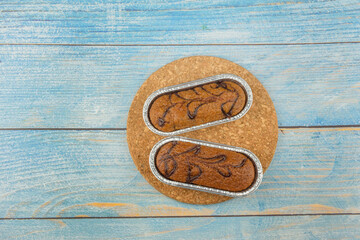 Homemade healthy banana cake on a blue wood background , bakery and dessert