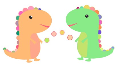 illustration of two funny, colorful dinosaurs juggling balls