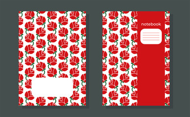 Notebook cover page template. Cover for sketchbook, planners, brochures, books, catalogs, notebook A4 format. Seamless pattern with red rose buds