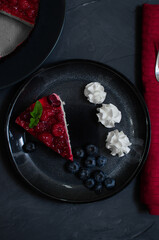 Tart Pie With Berry Jam On Wooden Table. Flat Lay. Copy Space.