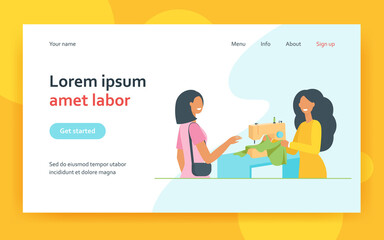 Tailor sewing cloth for female customer at machine. Seamstress talking to client in studio. Flat vector illustration. Fashion designer, craft job concept for banner, website design or landing web page