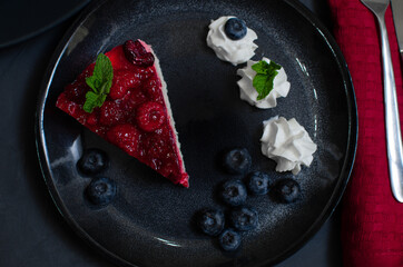 Tart Pie With Berry Jam On Wooden Table. Flat Lay. Copy Space.