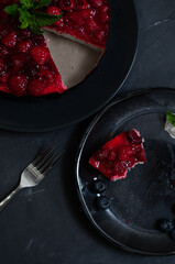 Tart Pie With Berry Jam On Wooden Table. Flat Lay. Copy Space.