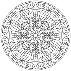 Ornate mandala with flowers and leaves, meditative coloring page with natural motives