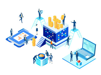 Isometric 3D business environment. Business management infographic. Isometric working space, business people working together in server room, generating fresh content and new ideas, success