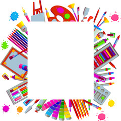 Art color paintbrushes and pencils with sheet of paper vector illustration