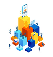 Isometric 3D business environment. Business management. Isometric office space, business people work around laptop as symbol of generating fresh content and new ideas. Infographic illustration