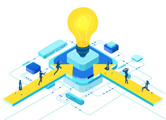 Isometric 3D business environment. Business management. Isometric office space, business people work around light bulb as symbol of generating fresh content and new ideas. Infographic illustration