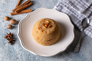 Traditional Turkish semolina sweet desert halva (Turkish name; irmik helvasi)