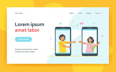 Happy kids talking from giant smartphone screens. Phone, friend, online flat vector illustration. Communication and friendship concept for banner, website design or landing web page