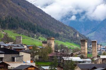 Obraz premium Towers of Mestia village in Svaneti area Caucasus mountains in Georgia
