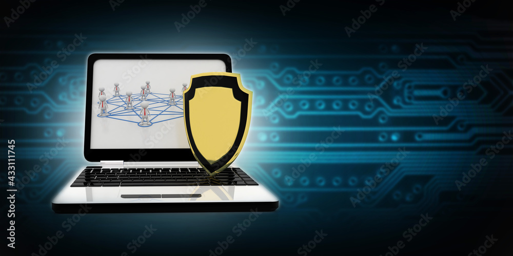 Poster laptop with shield. isolated 3d rendering image