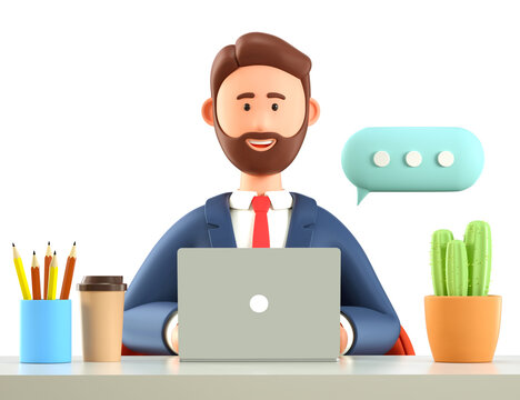 3D illustration of smiling bearded man with laptop in office, working at the desk with coffee cup, cactus. Cute businessman character chatting on the computer with big speech bubble.