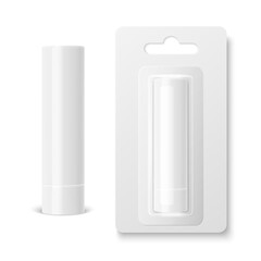 Vector Realistic 3d White Blank Closed Lip Balm Stick, Hygienic Lipstick and Blister Packaging Set Isolated. Design Template for Graphics, Vector Mockup. Cosmetic, Beauty, Makeup Concept. Front View