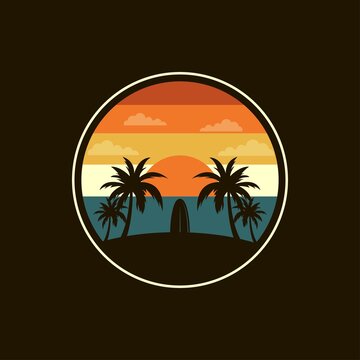 surf logo design on a tropical beach, vector illustration