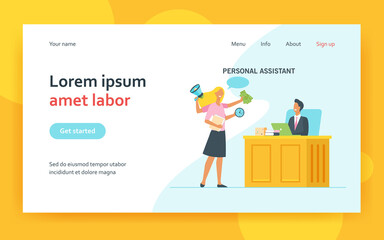 Leader working with personal assistant. Active multi armed secretary helping boss, politician, executive. Flat vector illustration. Assistance concept for banner, website design or landing web page