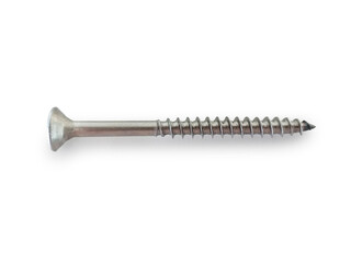 Aerial view of isolated metal self tapping screw. Screw isolated on white background. Self-drilling Wood Screw in horizontal position. DIY and Hardware concept.