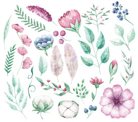Watercolor floral set with hand drown pink flower. Set with delicate flowers and leaves. Watercolor texture for wrapping paper, fabric, decor.