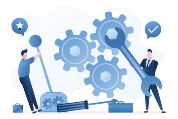 Technical support and repair. Business people with tools. Male worker moves lever. Client service, concept banner. Workers or support staff fix mechanism,