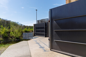 Grimma, Saxony, Germany- 05 11 2021, the small town on the river Mulde is known as the "pearl of the Mulde valley", Flood protection gate at the historic large mill