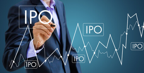 Businessman hand touching IPO or Initial Public Offering sign on virtual screen.