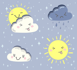 Cute Happy Cloud and Sun Set. Vector illustration in kawaii cartoon style.  Suitable for fabric, print, card, sticker and design products.