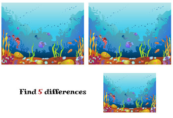 Marine animals and plants, colored cartoon with marine life. Vector illustration of a game for children find the differences.