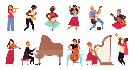 Musicians characters. Flat pop star, young people band. Cartoon guitarist, jazz concert and singer. Isolated music artist decent vector set