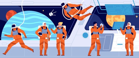 Spaceship crew. Ship station interior, spacecraft cabin dashboard and engineer. Interstellar woman astronaut or cosmonaut utter vector concept © MicroOne
