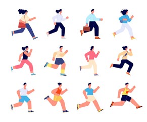 Fototapeta na wymiar People running. Female run, race healthy group. Jogging person, employee and athlete characters. Sport exercise, competition utter vector set