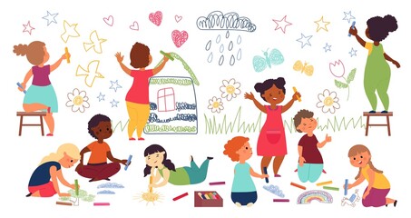 Children drawing with crayon. Kindergarten child, kids paint on wall and floor. Playing together, child art school decent vector characters