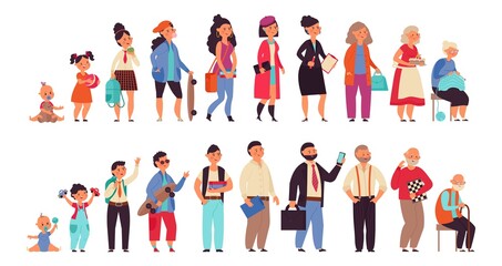 People generations. Human ages, boys girls women and men. Aging steps, life cycle progress from baby to senior person decent vector characters