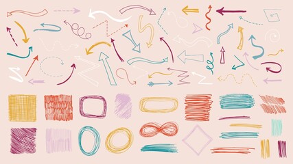 Colorful doodle arrows. Colored arrow, sketch ink textures design. Grunge pencil elements, bending twist marks. Decorative scribble vector collection