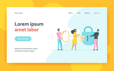 Obraz na płótnie Canvas Business team finding solution together. Group with key unlocking lock. Flat vector illustration. Teamwork, success, security concept for banner, website design or landing web page