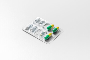 Used packaging pills, close up, health care concept, white background, copy space