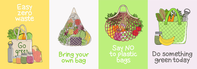 Set of zero waste cards with bags, meshes, vegetables and fruits. Concept of zero waste shopping. Eco-friendly sustainable lifestyle. No plastic. Hand drawn vector illustration.