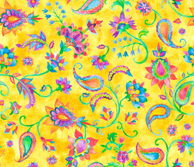 Watercolor hand painted paisley seamless pattern. Whimsical flowers, leaves, brunches, paisley. Oriental illustration. Islam, arabic, indian, spain, turkish, pakistan, ottoman motif. Water color print