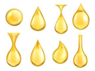 Oil drops realistic. Honey drop falling, gasoline yellow golden droplet collection. Gold capsule of liquid vitamin, dripping machine oil or lotion. Vector set isolated on white background